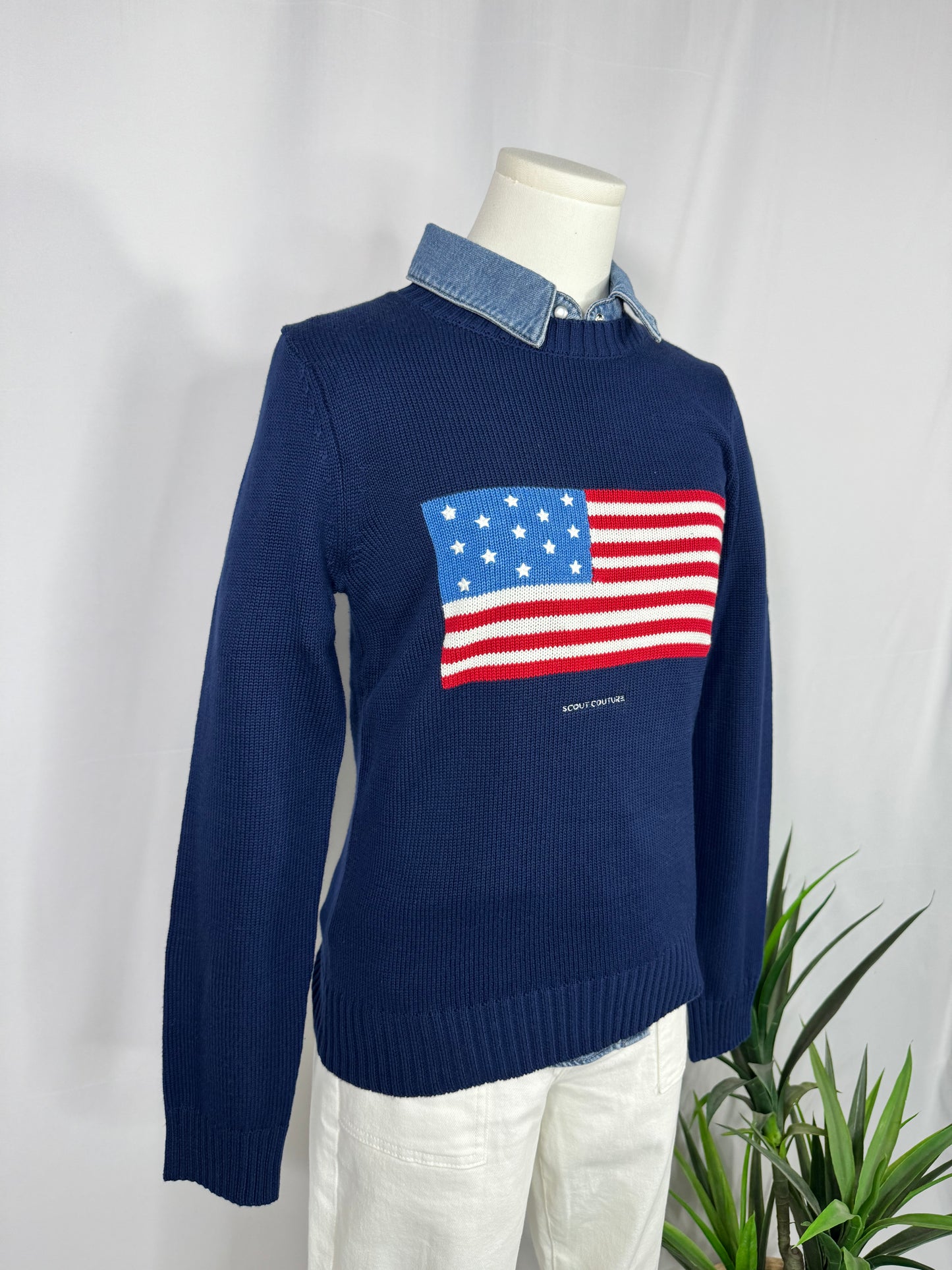 We Love America Sweater – Navy Crewneck with Custom Scout Couture®