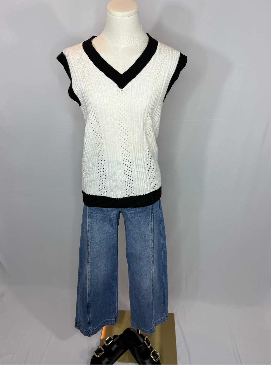 White Eyelet Vest with Black Trim – Transitional Layering Piece | Scout Couture®
