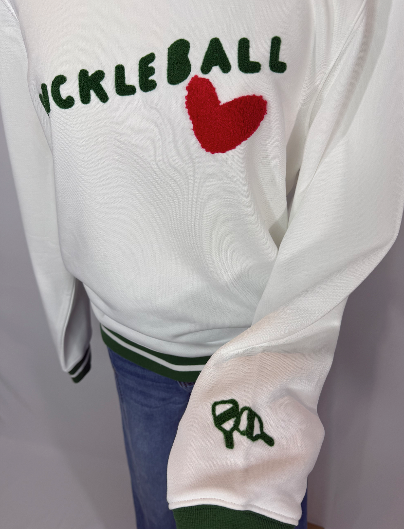 The Pickleball Pullover – White Knit Sweatshirt | Sporty Chic by Ellsworth & Ivey x Scout Couture®